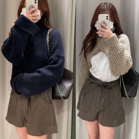 NEW Zara Houndstooth Checker Plaid High Waist Self Tie Belt Shorts Dark Brown S - Picture 10 of 10